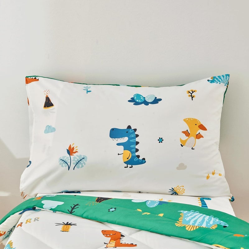 beeweed 4 Pieces Dinosaur Toddler Bedding Set Boys Girls, 2 Sides Design Bed in a Bag Comforter Set, Includes 1 Comforter, 1 Fitted Sheet, 1 Flat Sheet and 1 Reversible Pillowcase - Image 3